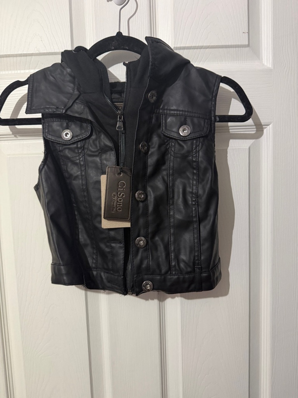 Ci Sono Black Faux Leather Hooded Button Vest